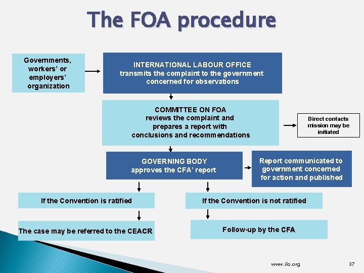 The FOA procedure Governments, workers’ or employers’ organization INTERNATIONAL LABOUR OFFICE transmits the complaint