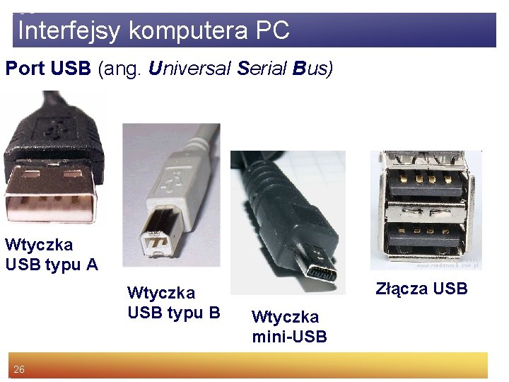 Interfejsy komputera PC Port USB (ang. Universal Serial Bus) Wtyczka USB typu A Wtyczka