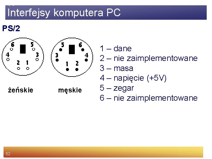 Interfejsy komputera PC PS/2 żeńskie 52 męskie 1 – dane 2 – nie zaimplementowane