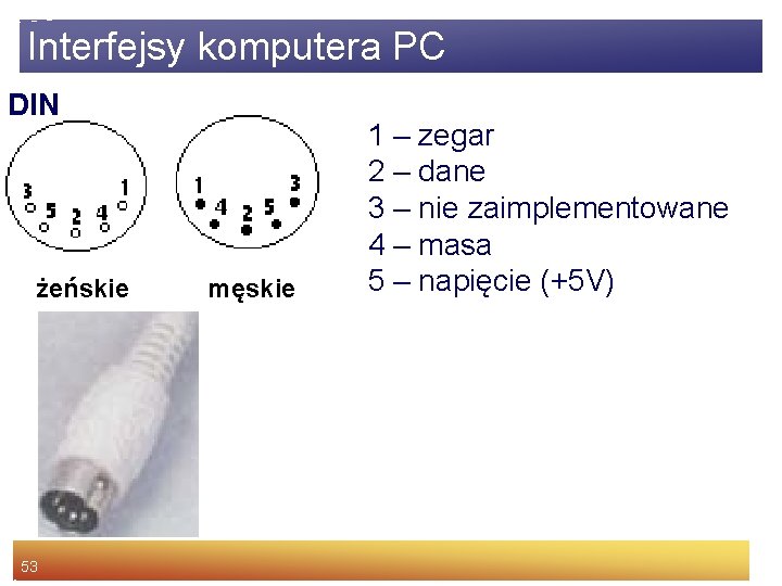 Interfejsy komputera PC DIN żeńskie 53 męskie 1 – zegar 2 – dane 3