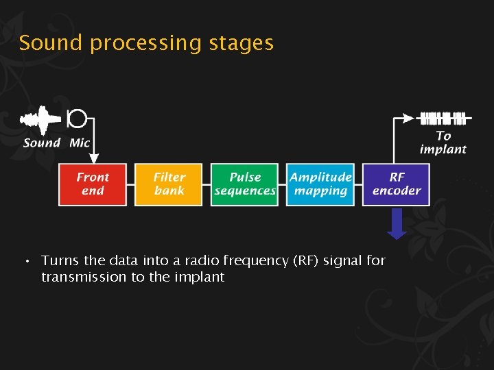 Sound processing stages • Turns the data into a radio frequency (RF) signal for