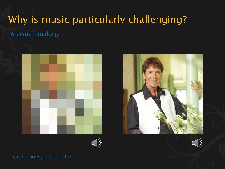 Why is music particularly challenging? A visual analogy… Image courtesy of Alan Olley 