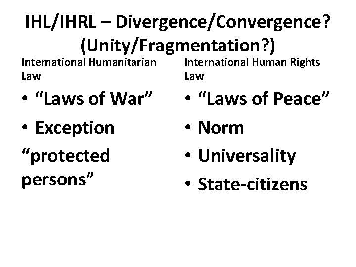 IHL/IHRL – Divergence/Convergence? (Unity/Fragmentation? ) International Humanitarian Law International Human Rights Law • “Laws