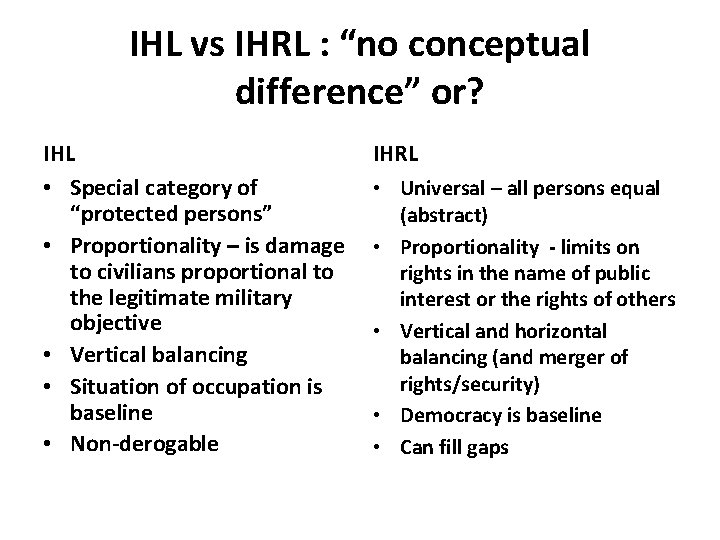 IHL vs IHRL : “no conceptual difference” or? IHL • Special category of “protected