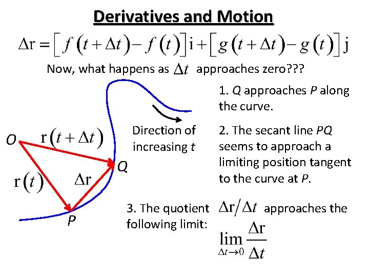 Derivatives and Motion Now, what happens as approaches zero? ? ? 1. Q approaches