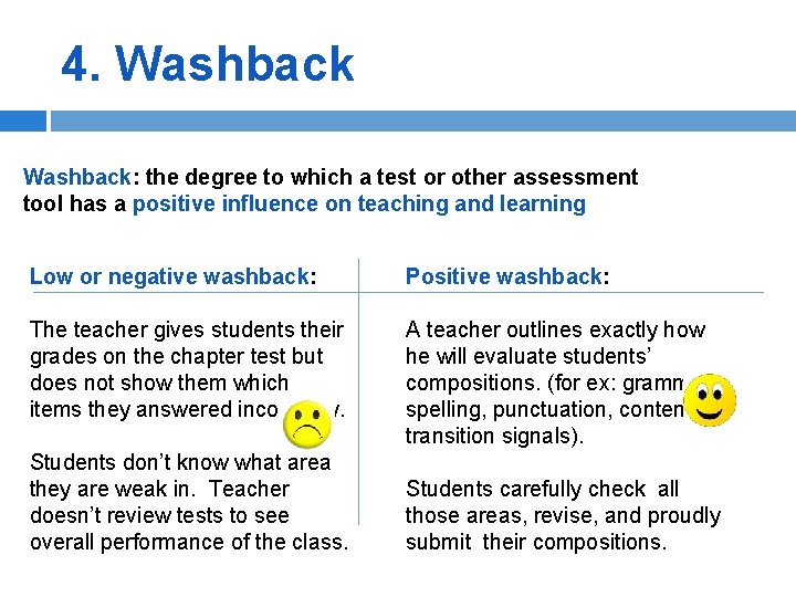 4. Washback: the degree to which a test or other assessment tool has a