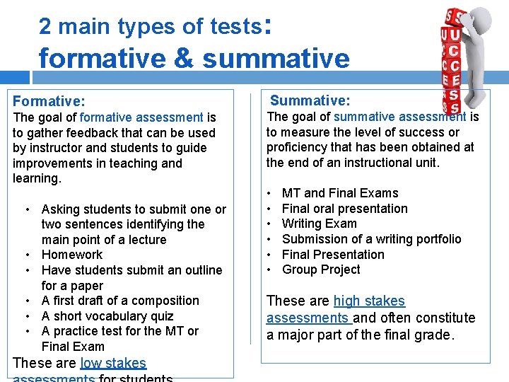 2 main types of tests: formative & summative Formative: The goal of formative assessment