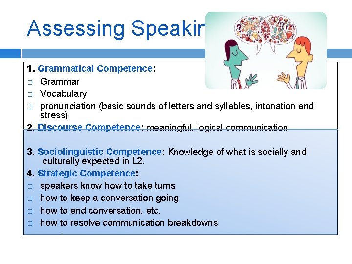 Assessing Speaking 1. Grammatical Competence: Grammar � Vocabulary � pronunciation (basic sounds of letters
