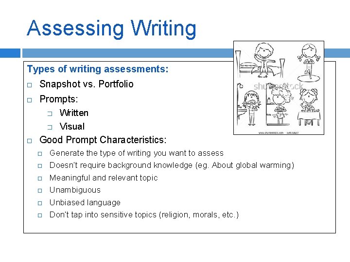 Assessing Writing Types of writing assessments: Snapshot vs. Portfolio Prompts: � � Written Visual