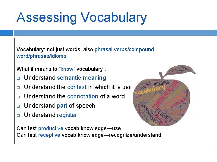 Assessing Vocabulary: not just words, also phrasal verbs/compound word/phrases/idioms What it means to “know”