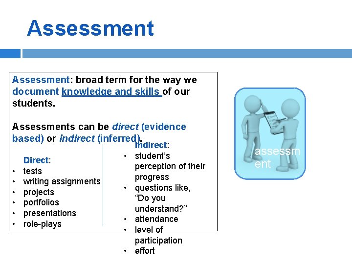 Assessment: broad term for the way we document knowledge and skills of our students.