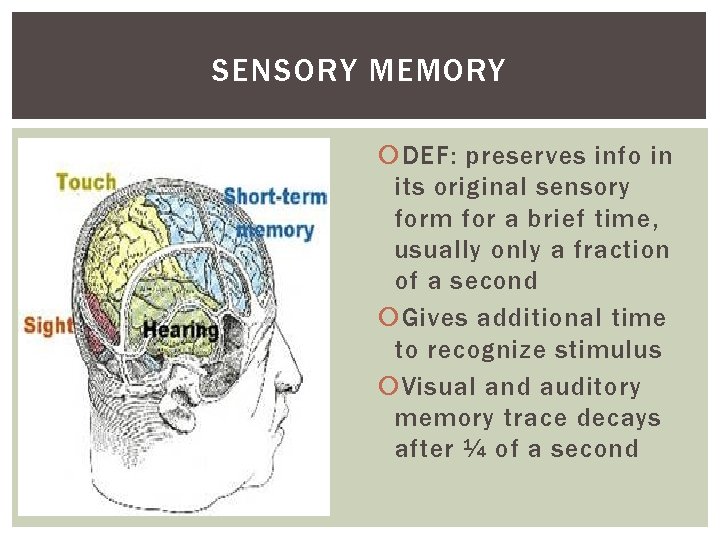 SENSORY MEMORY DEF: preserves info in its original sensory form for a brief time,