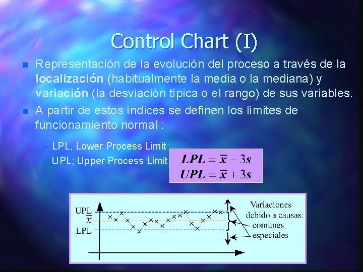 Control Chart (I) n n Representación de la evolución del proceso a través de