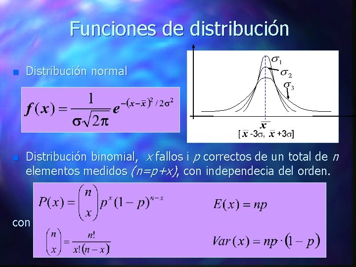 Funciones de distribución n Distribución normal n Distribución binomial, x fallos i p correctos