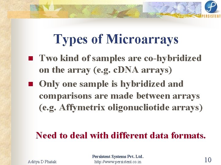 Types of Microarrays n n Two kind of samples are co-hybridized on the array