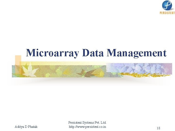 Microarray Data Management Aditya D Phatak Persistent Systems Pvt. Ltd. http: //www. persistent. co.