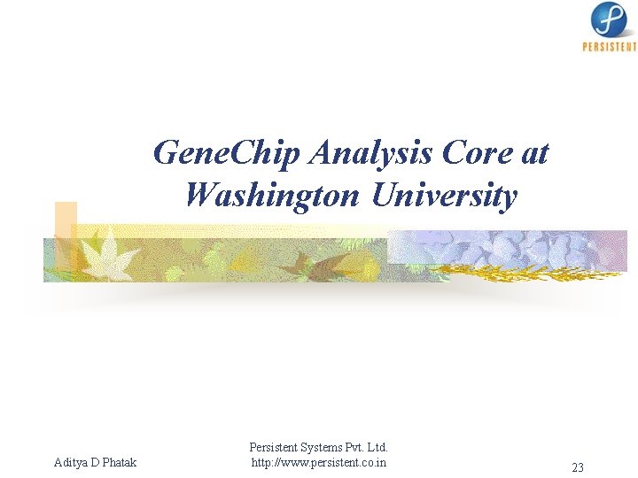 Gene. Chip Analysis Core at Washington University Aditya D Phatak Persistent Systems Pvt. Ltd.