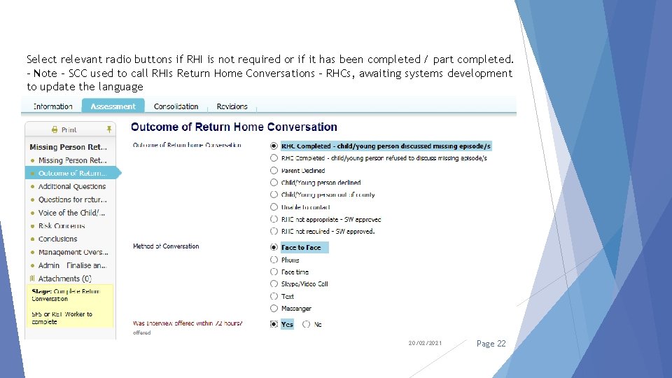 Select relevant radio buttons if RHI is not required or if it has been