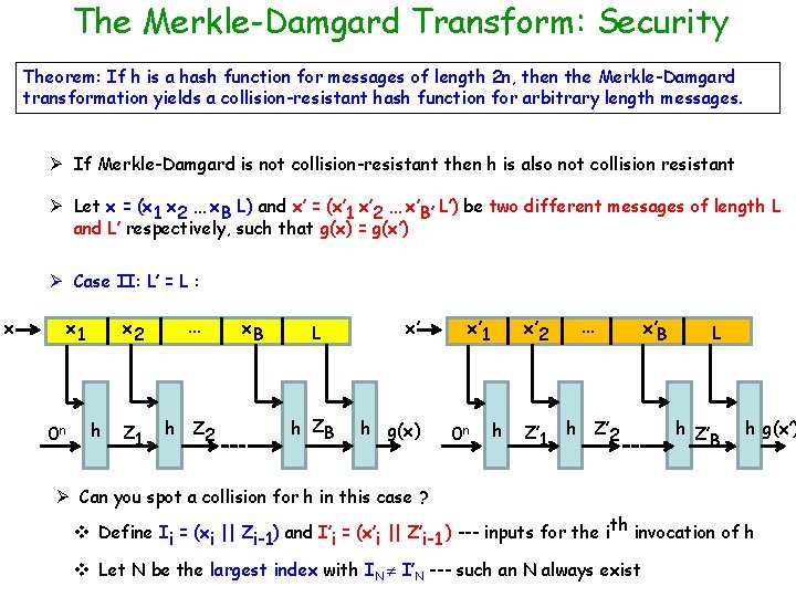 The Merkle-Damgard Transform: Security Theorem: If h is a hash function for messages of