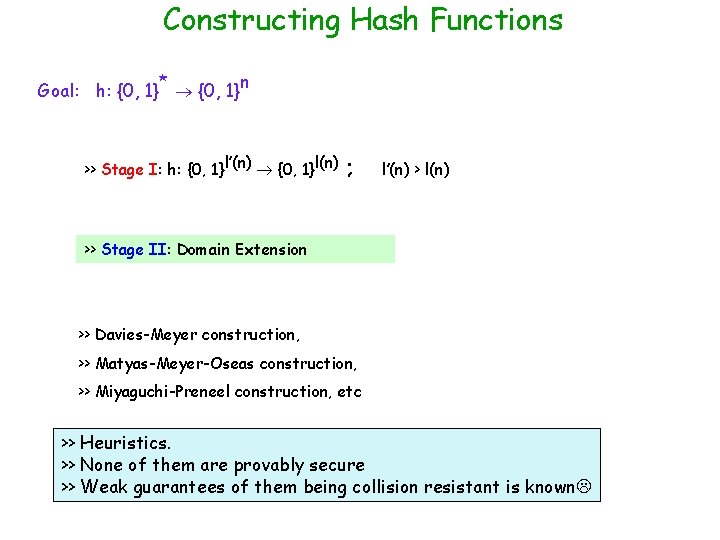 Constructing Hash Functions Goal: h: {0, 1}* {0, 1}n >> Stage I: h: {0,