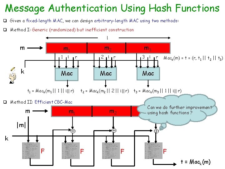 Message Authentication Using Hash Functions q Given a fixed-length MAC, we can design arbitrary-length