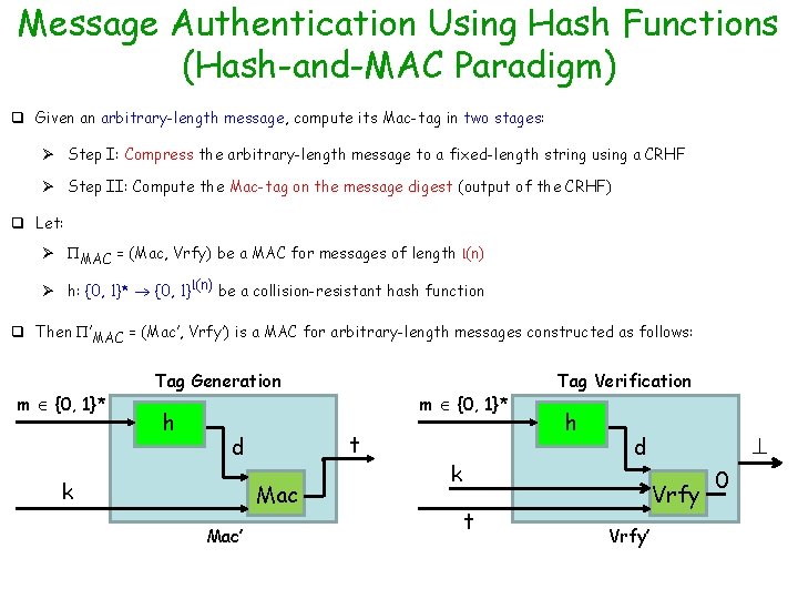 Message Authentication Using Hash Functions (Hash-and-MAC Paradigm) q Given an arbitrary-length message, compute its