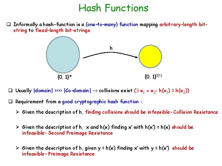 Hash Functions q Informally a hash-function is a (one-to-many) function mapping arbitrary-length bitstring to