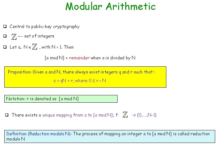 Modular Arithmetic q Central to public-key cryptography q --- set of integers q Let