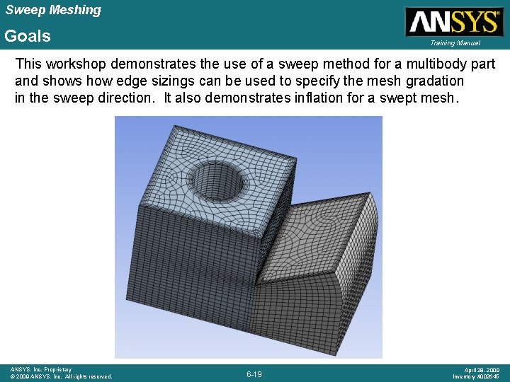Sweep Meshing Goals Training Manual This workshop demonstrates the use of a sweep method