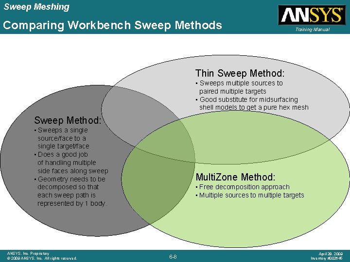 Sweep Meshing Comparing Workbench Sweep Methods Training Manual Thin Sweep Method: • Sweeps multiple
