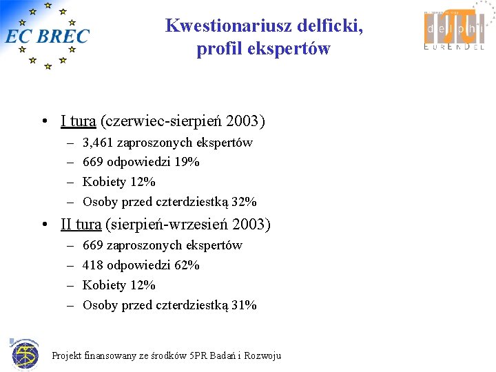 Kwestionariusz delficki, profil ekspertów • I tura (czerwiec-sierpień 2003) – – 3, 461 zaproszonych