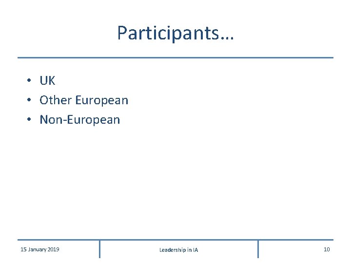 Participants… • UK • Other European • Non-European 15 January 2019 Leadership in IA Participants… • UK • Other European • Non-European 15 January 2019 Leadership in IA