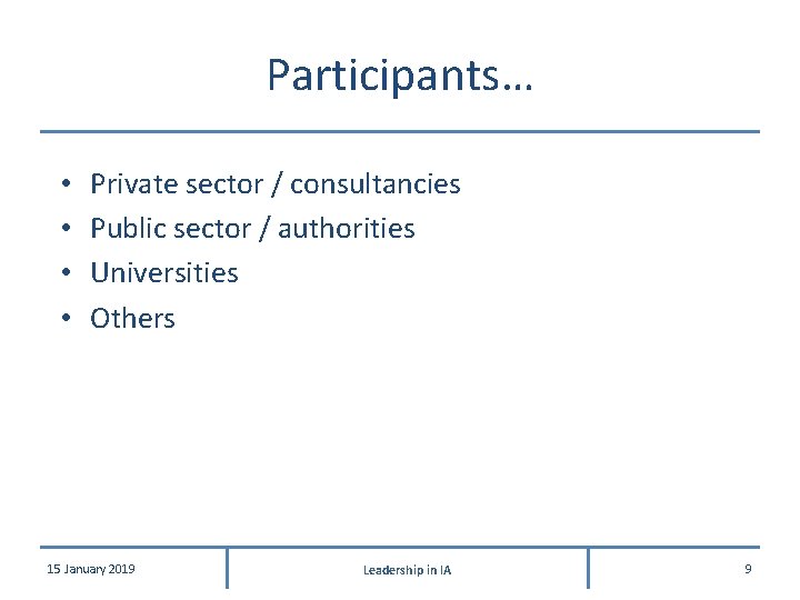 Participants… • • Private sector / consultancies Public sector / authorities Universities Others 15 Participants… • • Private sector / consultancies Public sector / authorities Universities Others 15