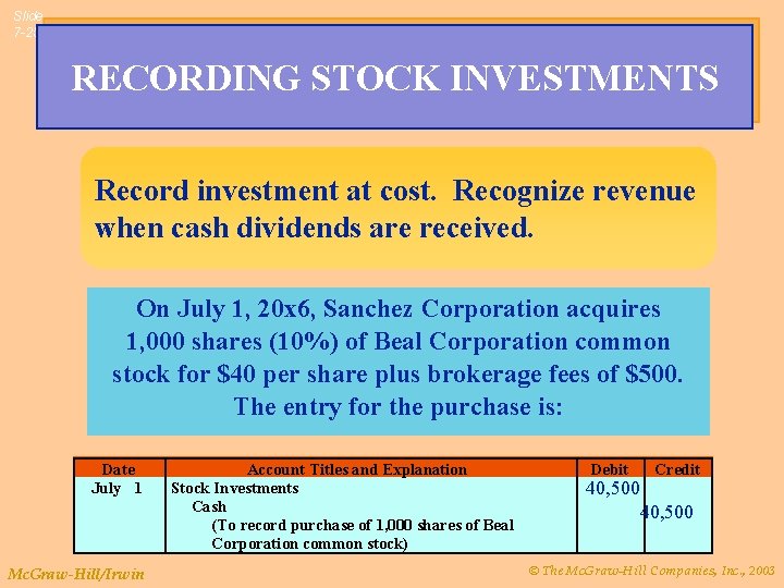 Slide 7 -25 RECORDING STOCK INVESTMENTS Record investment at cost. Recognize revenue when cash