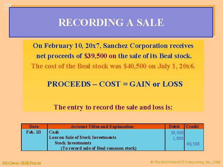 Slide 7 -27 RECORDING A SALE On February 10, 20 x 7, Sanchez Corporation