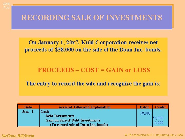 Slide 7 -31 RECORDING SALE OF INVESTMENTS On January 1, 20 x 7, Kuhl