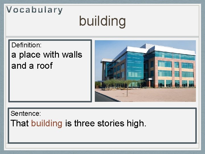 building Definition: a place with walls and a roof Sentence: That building is three building Definition: a place with walls and a roof Sentence: That building is three