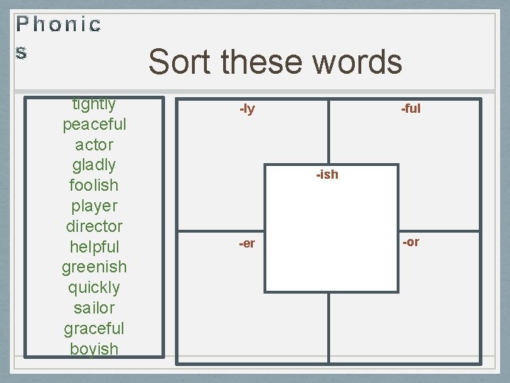 Sort these words tightly peaceful actor gladly foolish player director helpful greenish quickly sailor Sort these words tightly peaceful actor gladly foolish player director helpful greenish quickly sailor