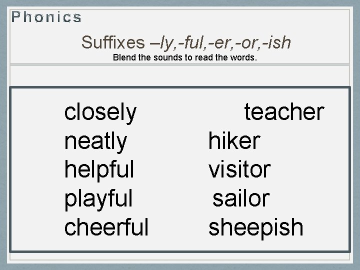 Suffixes –ly, -ful, -er, -or, -ish Blend the sounds to read the words. closely Suffixes –ly, -ful, -er, -or, -ish Blend the sounds to read the words. closely