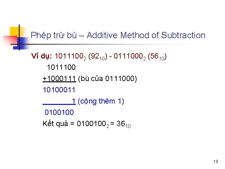 Phép trừ bù – Additive Method of Subtraction Ví dụ: 10111002 (9210) - 01110002