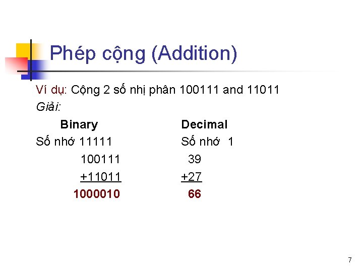 Phép cộng (Addition) Ví dụ: Cộng 2 số nhị phân 100111 and 11011 Giải: