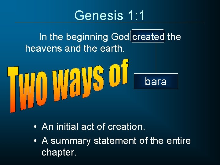 Genesis 1: 1 In the beginning God created the heavens and the earth. bara