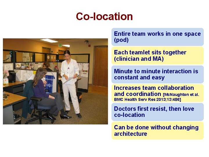 Co-location Entire team works in one space (pod) Each teamlet sits together (clinician and