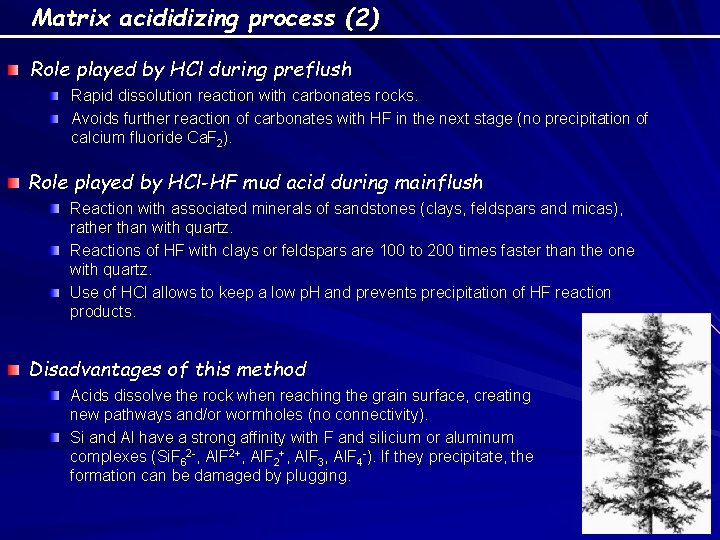 Matrix acididizing process (2) Role played by HCl during preflush Rapid dissolution reaction with