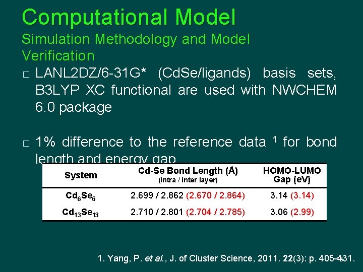 Computational Model Simulation Methodology and Model Verification � LANL 2 DZ/6 -31 G* (Cd.