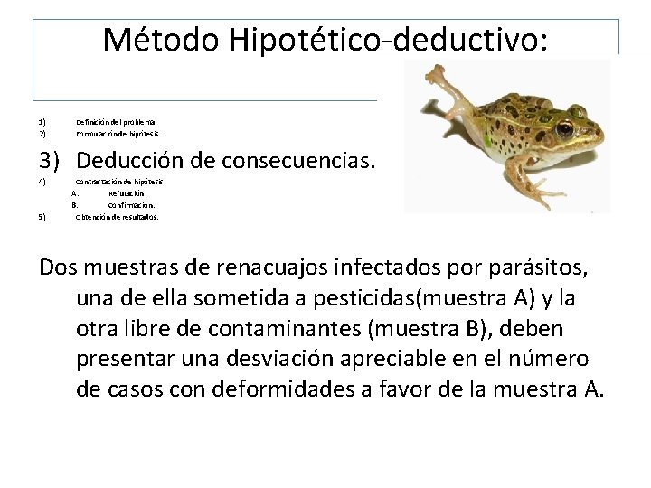 Método Hipotético-deductivo: 1) 2) Definición del problema. Formulación de hipótesis. 3) Deducción de consecuencias.