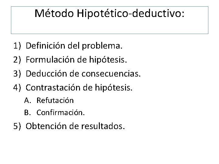 Método Hipotético-deductivo: 1) 2) 3) 4) Definición del problema. Formulación de hipótesis. Deducción de