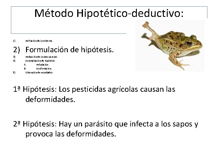 Método Hipotético-deductivo: 1) Definición del problema. 2) Formulación de hipótesis. 3) 4) 5) Deducción