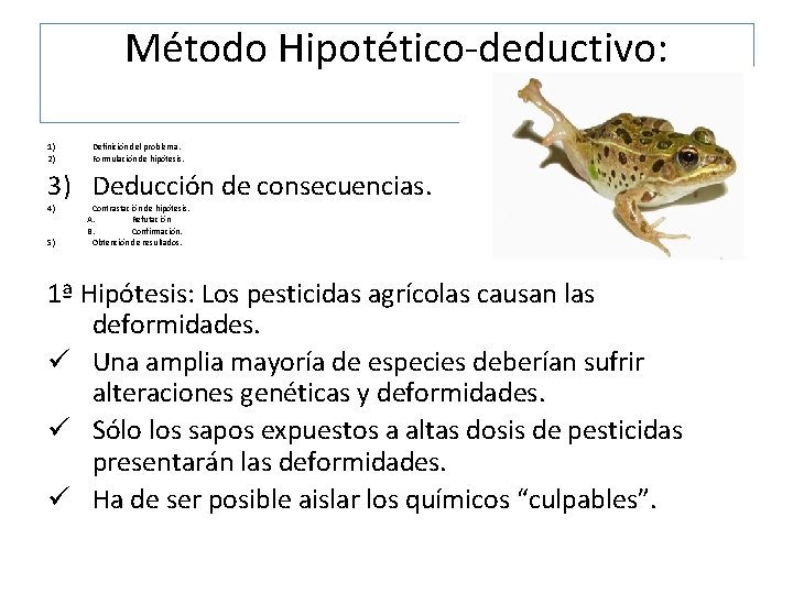 Método Hipotético-deductivo: 1) 2) Definición del problema. Formulación de hipótesis. 3) Deducción de consecuencias.