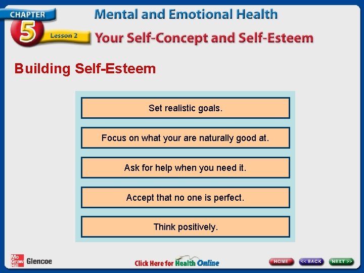 Building Self-Esteem Set realistic goals. Focus on what your are naturally good at. Ask